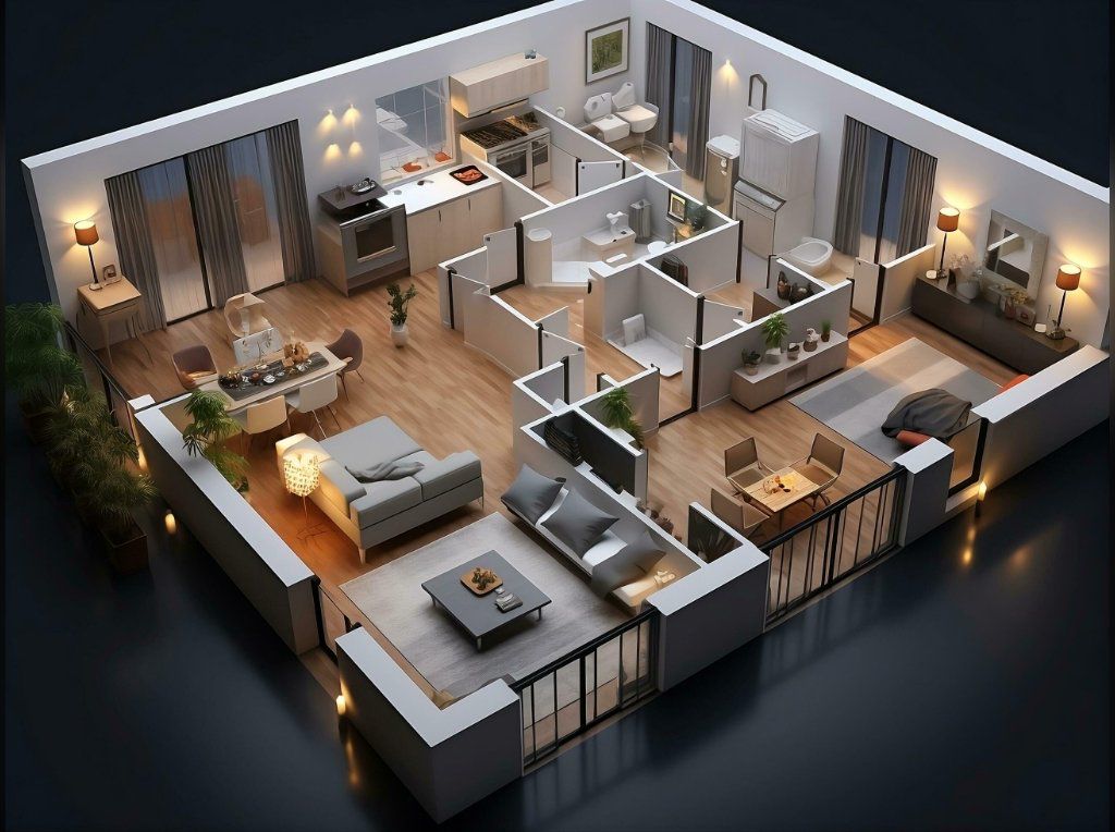 Visualización 3D de interiores para departamento 80m²